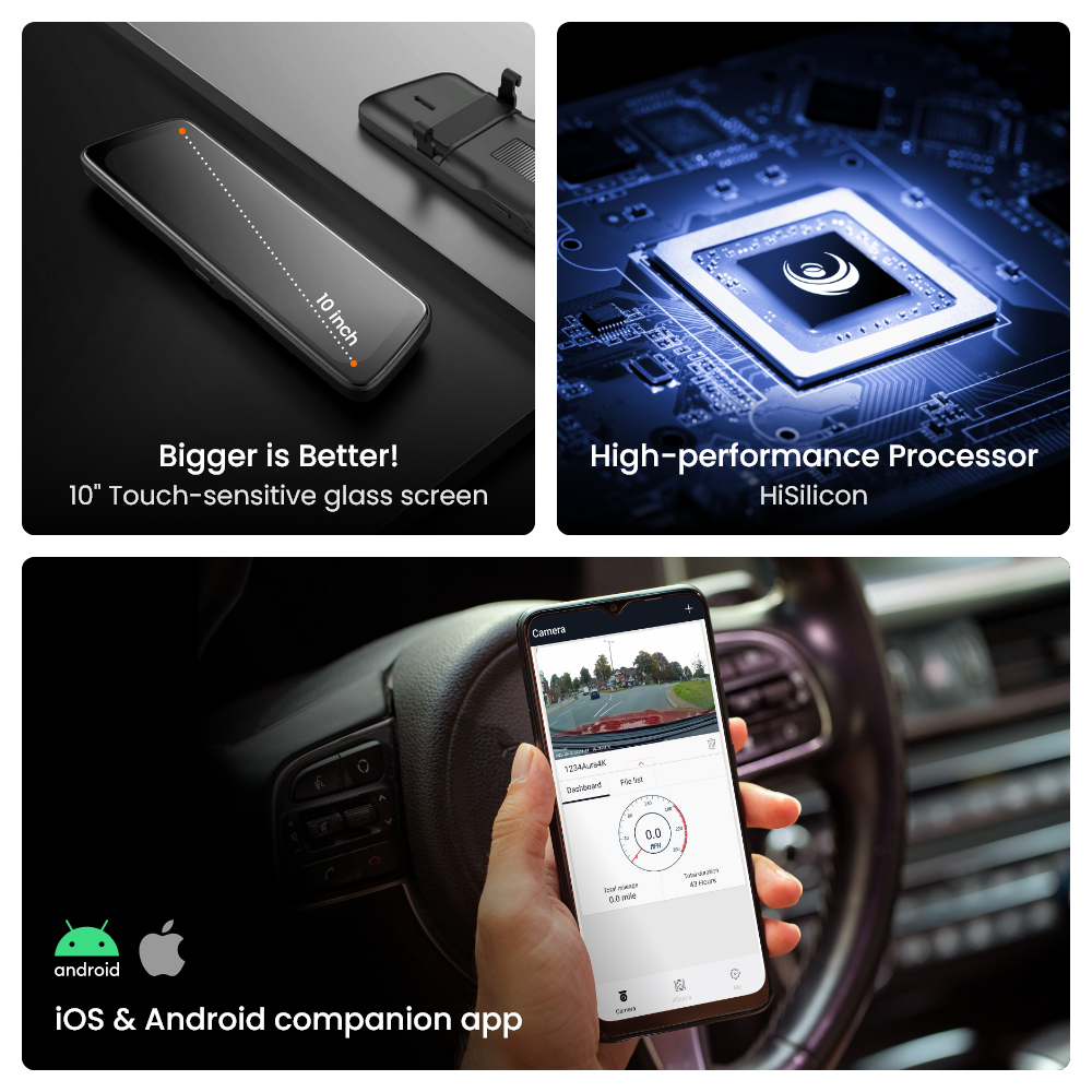 Road Angel Halo Vision64 Dashcam - 10” LCD Touchscreen - 1440p QHD Image - Mirror Dashcam and Rear View Camera - Wifi - Image Stabilization - Including 64GB SD card