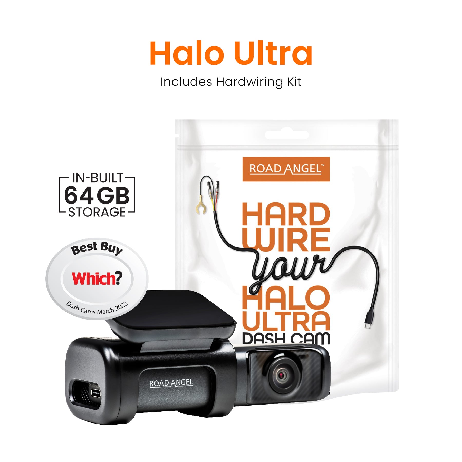 Road Angel Halo Ultra 4K Dash Cam met Hardwiring Kit met Intern 64GB SSD-geheugenbundel